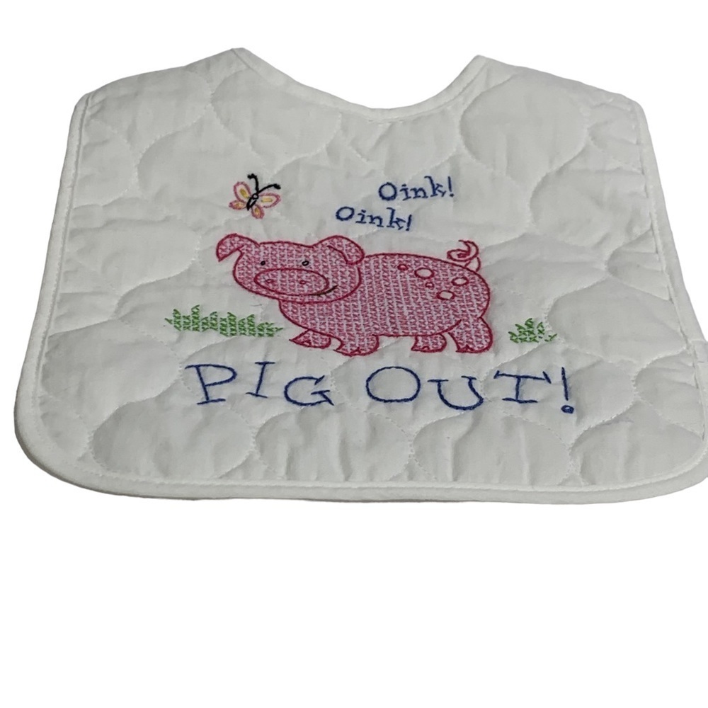 Oink Oink PIG OUT Handcrafted Cross Stitch Pink Pig’s Expression Above White Bib